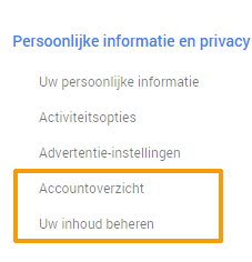 Google producten persoonlijke informatie beheren - menu